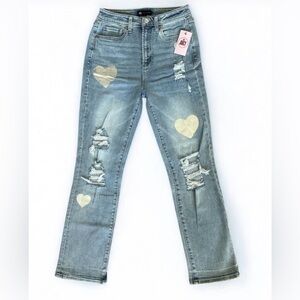 Juicy Couture Distressed Silver Heart Straight Leg Jeans Size 2 NWT